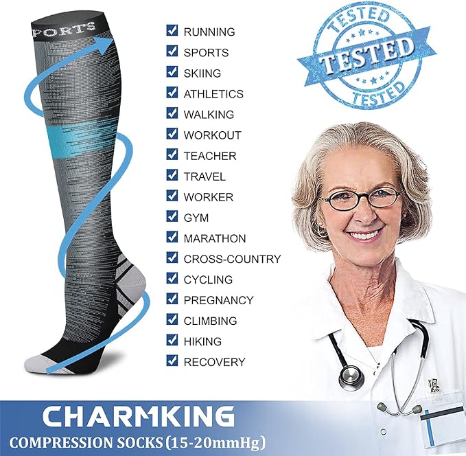 CHARMKING Compression Socks for Women & Men Circulation (8 Pairs) 15-20 mmHg Best Calf Socks Support for Athletic Cycling - Image 5