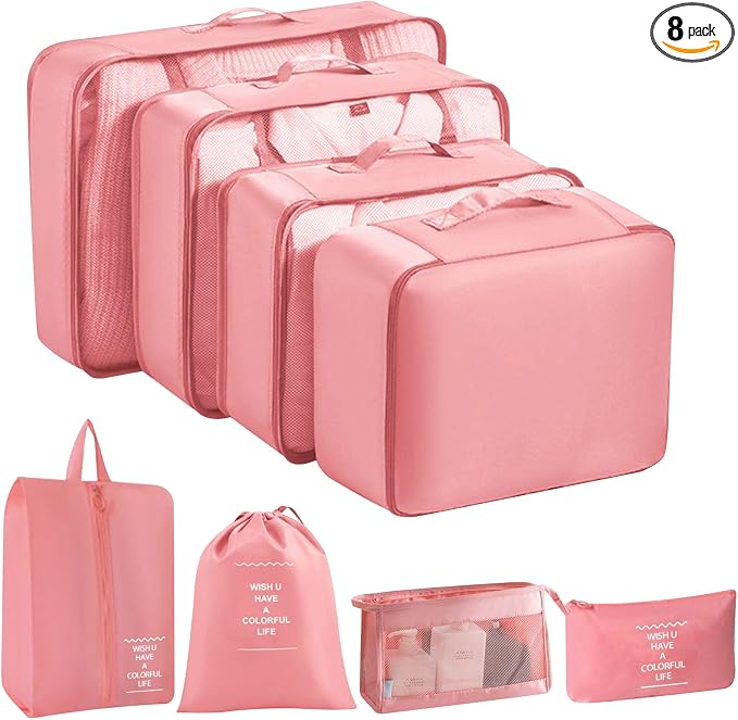 8 Set Packing Cubes for Suitcases, INVODA Travel Luggage Packing Organizers with Laundry Bag, Compression Storage Shoe Bag, Clothing Underwear Bag (Pink) by INVODA
