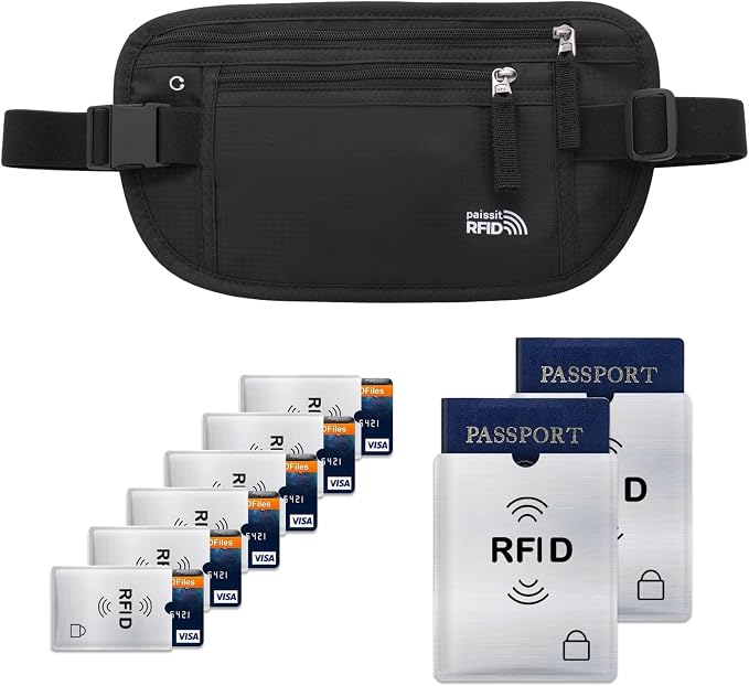 Small Unisex Money Belt For Men and Women, Slim Passport Holder RFID Blocking Travel Essentials Pouch with Adjustable Strap Small Waist Pouch for Workout Running Travelling Hiking, Black & 8 Sleeves by paissit