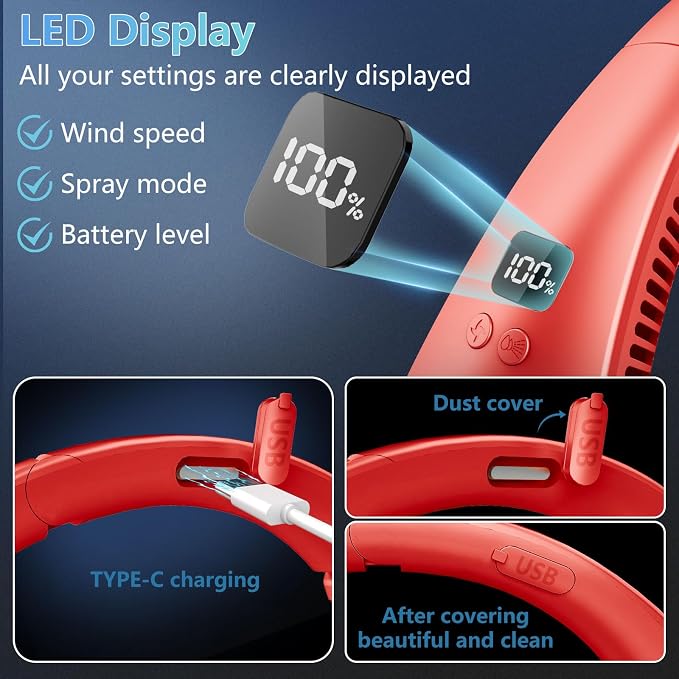 Neck Fans for Women Rechargeable-Foldaway Personal Fan with Water Mist,Wearable Hanging Fan Around Neck,Small USB Rechargeable Neck Cooler for Mother's Day Father's Day Adults Kids Birthday Gifts Red - Image 5
