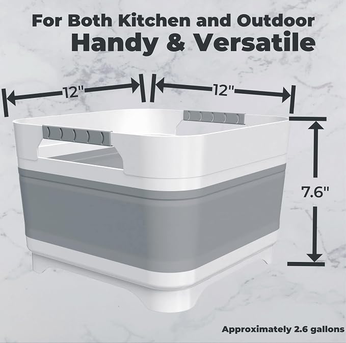 2.6 Gallon Collapsible Wash Basin - Large Capacity Portable Dish Tub with Drain Plug for Baby Bottles, RV Camping Kitchen, Space-Saving Foldable Sink (Gray) - Image 2