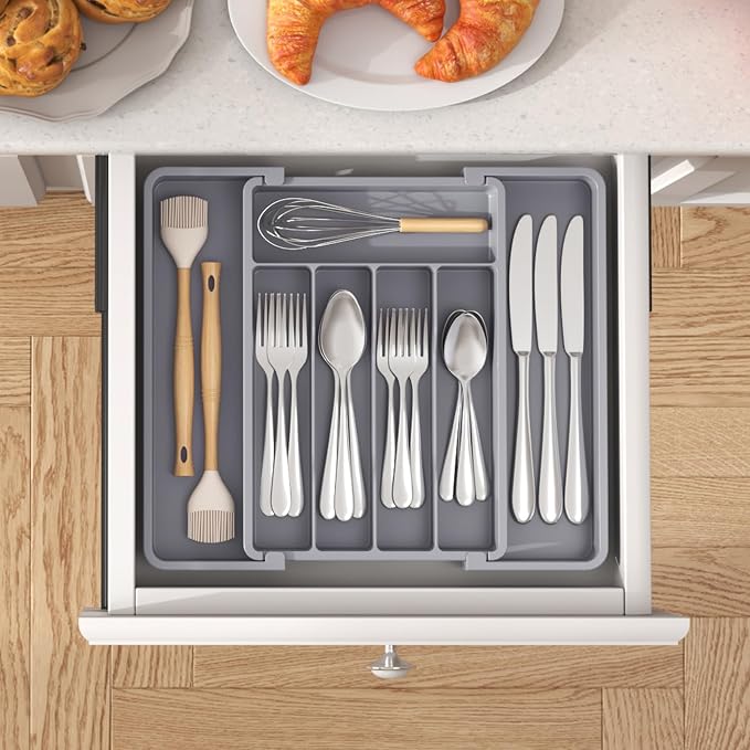 Lifewit Expandable Silverware Drawer Organizer, Kitchen Utensil Tray | BPA-free Plastic Flatware Cutlery Holder, Space-Saving Storage for Spoons Forks Knives, 8.5-14 x 12 x 1.5“, Gray - Image 8