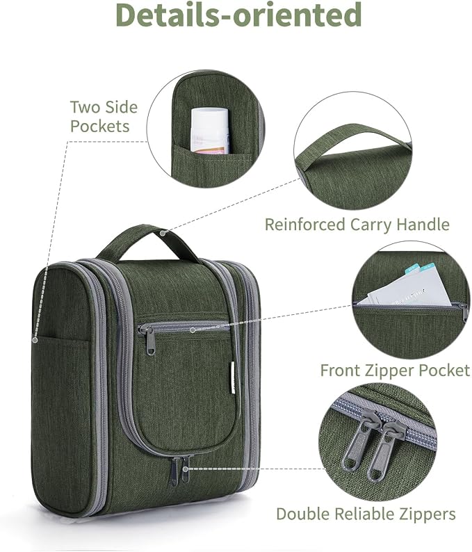 Narwey Small Hanging Travel Toiletry Bag Cosmetic Make up Organizer for Women and Men (Medium, Army Green) - Image 6