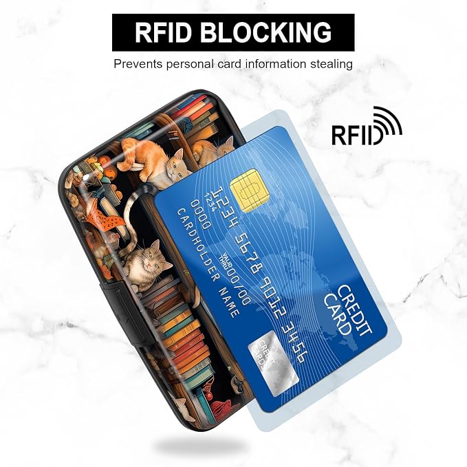 Card Holder Credit Cards Holder for Women RFID wallet women Business Card Holder Wallet Mini Aluminum Card Wallet RFID Blocking Slim Metal Hard Card for Women, Cat Illustration - Image 3