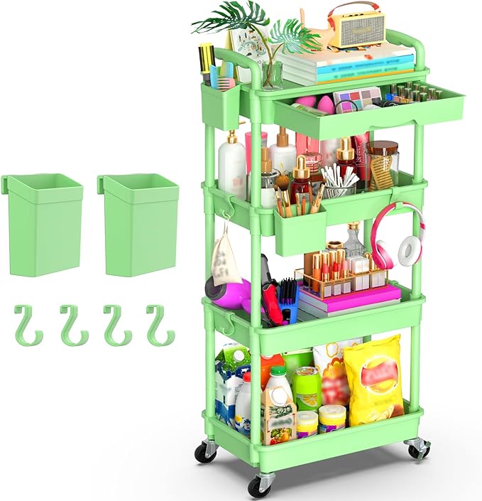 Goovilla 4 Tier Rolling Utility Cart Organizer with Removable Drawer, Green | Stable and Sturdy Rolling Storage Carts with 2 Lockable Wheels for Bathroom, Kitchen, Snack, Craft, Makeup, Baby Essentials by Goovilla
