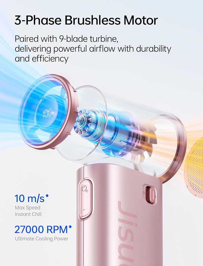 JISULIFE Handheld Fan Life9S - Sleek Chrome: Turbo Power, 22 Hours Cooling | LED Display, 5000mAh, 5-Speeds, Mini Portable Fan for Travel, Cruise, Concerts, Trendy Gifts for Women Men -Pink - Image 6