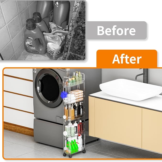 3 Tier Slim Rolling Storage Cart with Wheels for Small Space,Clear Modern Design Slim Utility Cart Suitable as Bathroom Cart Organizer Shelf,Skinny Bathroom Storage Rack,Narrow Laundry Cart on Wheels - Image 3
