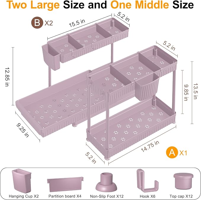 3-Pack 2-Tier L-Shaped Under Sink Organizers with Sliding Drawers | Multi-use kitchen & bathroom storage, 12.85 inch pink cabinet organizer, space-saving sliding drawer design. - Image 6