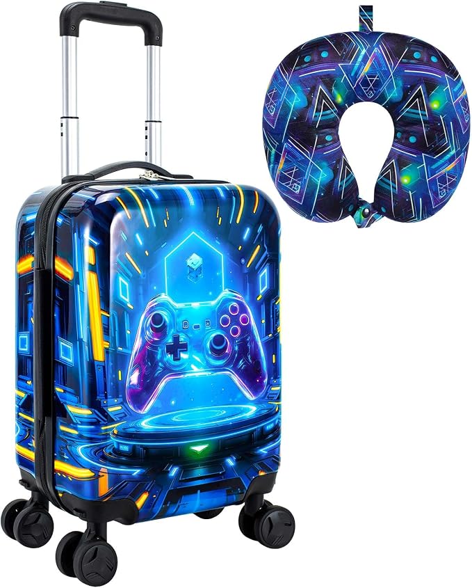 Luggage for Boys with Wheels, Lightweight Hardshell Spinner Kids Suitcase Set 2PCS - Airplane Approved Carry-On for Children Ages 3-10, Futuristic Game Rolling Suitcases for Elementary Toddler Travel by UFNDC