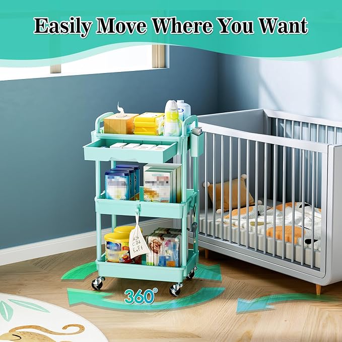 SUNALLY 3 Tier Rolling Cart with Drawer, Craft Storage Cart Organizer, Blue | Bathroom Storage Organizer with 2 Lockable Wheels, Rolling Utility Cart for Kitchen, Office, Baby, Makeup, Nail,Snack,Laundry - Image 4