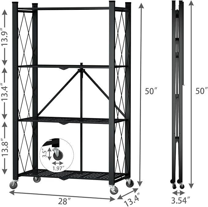 4 Tier Foldable Storage Shelf with Wheels, Metal Steel Collapsible Shelves | Heavy Duty Folding Shelf Loads 600 LBS, Rolling Standing Utility Rack for Kitchen, Pantry, Office, Black - Image 4