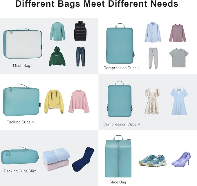 Bagail Ultralight Compression Cubes 7 Set - 3 Packing Cubes, 3 Organizers, and 1 Shoe Bag - Image 4
