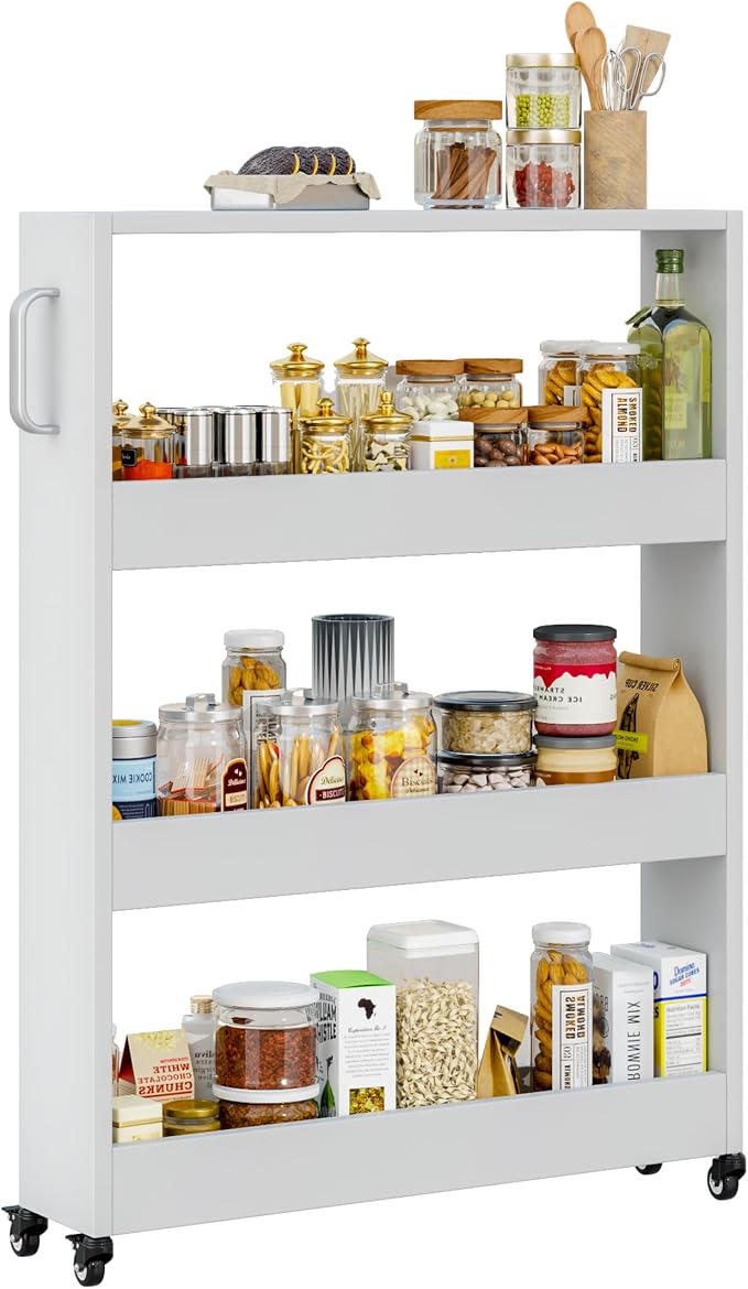 Slim Storage Cart, Lightweight 4 Tier Metal Rolling Utility Kitchen Cart on Wheels, Mobile Storage Shelving Unit Organizer for Bathroom Laundry Office Narrow Places (4 Tier-White, 6" D) by Qiaoxuan