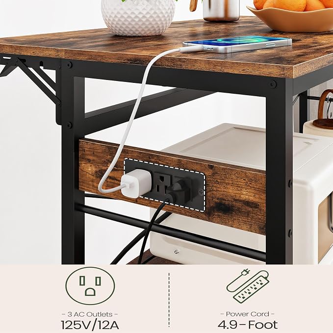 Kitchen Island with Power Outlet and Folding Top, Movable with 3-Tier Storage, Large Size, Wooden Shelves and Wine Rack, for Kitchen, Dining and Living Room, Rustic Brown and Black TZD02UBF - Image 4