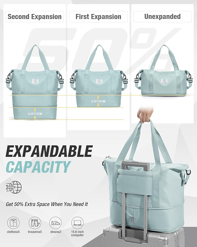 Expandable Travel Duffle Bag for Women Men, Large Gym Bag Travel Tote Bags, Waterproof Carry On Personal Item Bag Airline Approved, Overnight Workout Weekender Bag with Luggage Sleeve, Light Blue | Waterproof Carry On Personal Item Duffel Bag 40L Doubl... - Image 3