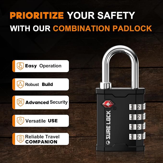 SURE LOCK TSA Approved 4 Digit Combination Lock, Heavy Duty Padlock with Red Dot Indicator for Gun Cases, Pelican Cases, Tool Boxes, Gym Lockers, Storage Units & Outdoor Gates(1,Black) - Image 5