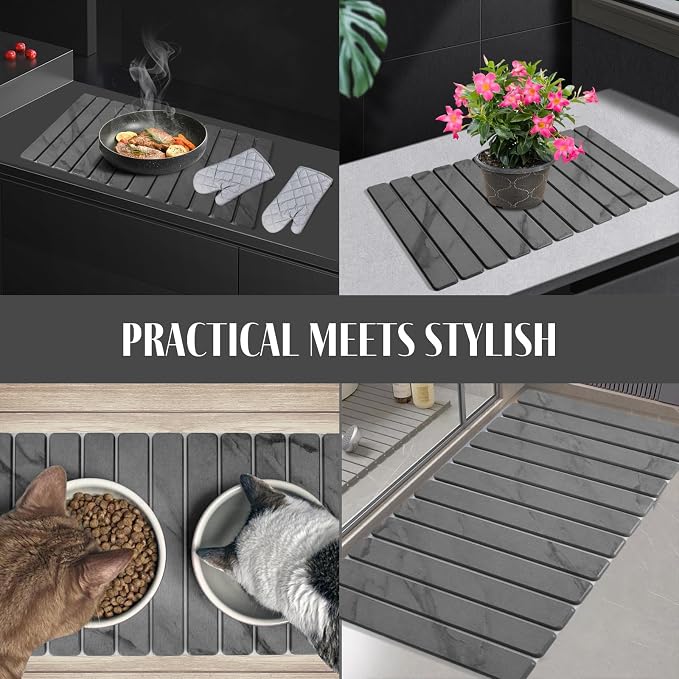 2 PCS Extra Large Stone Dish Drying Mat for Kitchen Counter, 28"×16" Marble Dish Drying Mat with 8"x 4" Coasters, Non - Slip Collapsible Absorbent Mat for Multi - Purpose, Match Any Countertop - Image 7