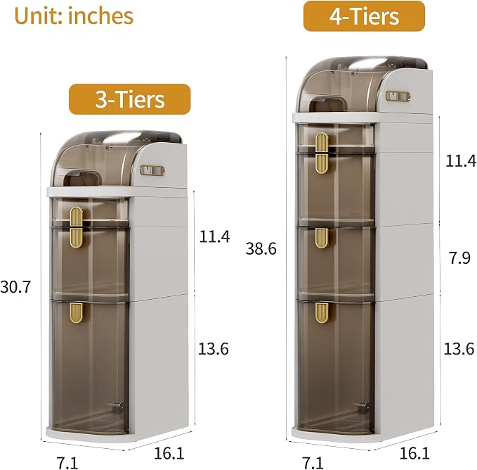 4-Tiers Slim Bathroom Storage Cabinet with Drawers & Tissue Box | Plastic Narrow Rolling Bathroom Tower Cart Waterproof & No Installation for Small Spaces Kitchen Laundry Living Room - Image 3