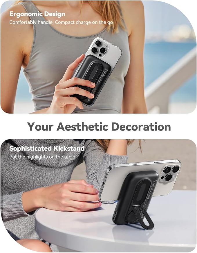 Magnetic Portable Charger for iPhone & Apple Watch, 10000mAh Wireless Power Bank USB-C Fast Charging with Stand for iPhone Air/17/16/15/14/13 Series & iWatch, Travel Essential for Magsafe Battery Pack - Image 5