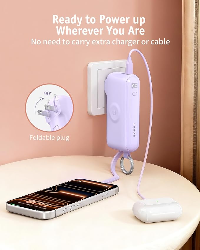 RORRY Flow Portable Charger 10000mAh 40W Wall Plug Power Bank Battery Pack | Built-in USB-C Cable, Keychain Design, Fast Charging, for iPhone 17/16/15, Apple Watch, iPad, 3-in-1, Travel Essential - Image 6