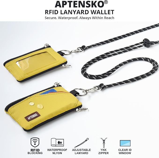 RFID Blocking Travel Wallet with Adjustable Lanyard, Small Nylon Zipper Pouch and Badge Holder for ID, Credit Cards, Cash, Keys, Commuters (Dark Yellow) - Image 2