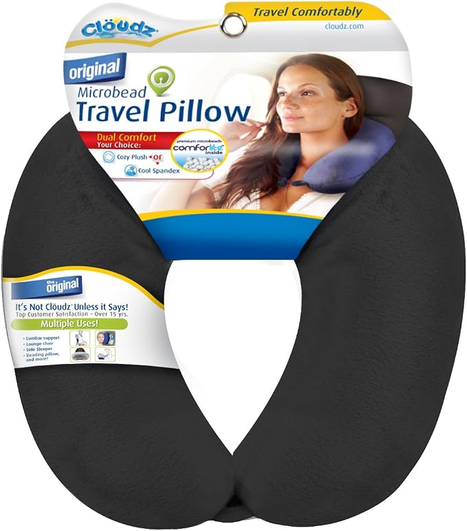 Dual Comfort Microbead Airplane Travel Neck Pillow. Super Soft Cozy Plush Fabric on One Side, Cool Relaxing Spandex on the Other! Customize Your Comfort and Support at Home or On the Go!-Black by Cl%C3%B6udz