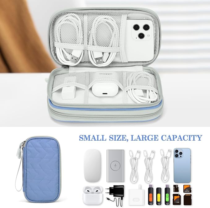 FYY Electronic Organizer, Travel Tech Pouch, Cable Organizer Blue Quilted | Wrist Strap, Waterproof, Double Layers Portable Electronics Travel Carrying Case for Cord, Charger, Daily Business Trips Use - Image 6