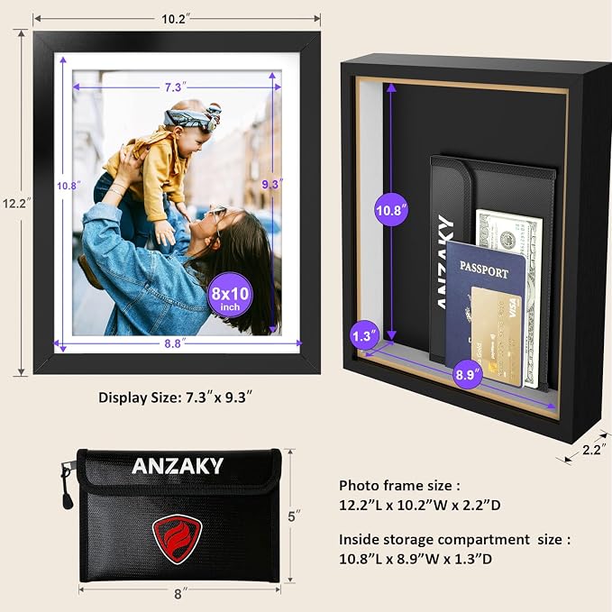 Hidden Picture Frame Safe with Fireproof Money Bag, Diversion Safe, 8x10 | Looks like real wall decor, hidden compartment fits cash, passports, cards, keys & documents. Large storage space. - Image 4
