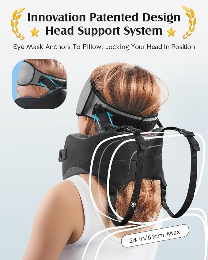 YFONG Travel Pillow with Head Support & Sleep Mask for Long Flights, Grey | Patented 360° Support System, Prevents Bobbing, Airplane Head Strap, 3D Eye Mask, Memory Foam Neck Pillow, Travel Essential - Image 3