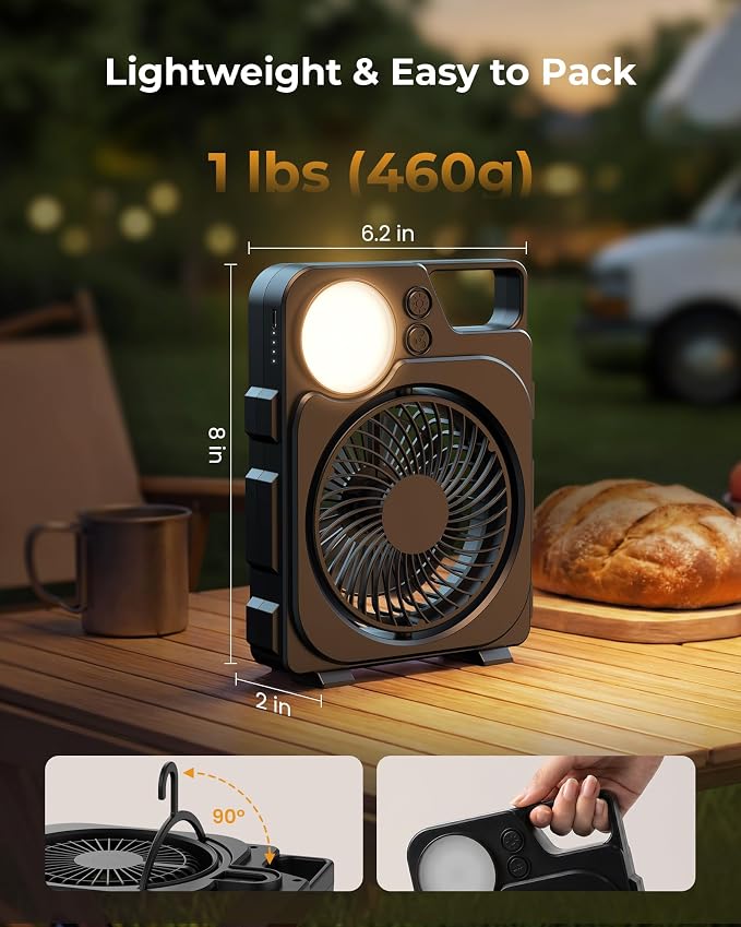 12000mAh Rechargeable Portable Fan, Up to 45H Runtime, Battery Powered Fan with LED Light & Hook, 3 Speeds & 3CCT, Camping Fan for Travel, Camping, Tent, Office, Bedroom - Image 6