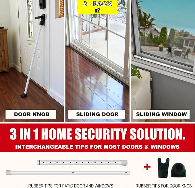 SECURITYMAN 3-in-1 Door Security Bar, Security Door Stoppers & Door Barricade – Heavy Duty Adjustable Iron Security Lock Bar for Home Defense, Apartment & Travel Safety (2 Pack - White) - Image 2