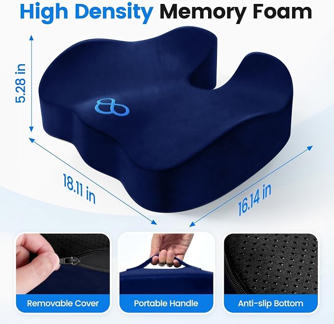Seat Cushion, Non-Slip Memory Foam Chair Cushion for Taibone, Blue/X-Large | Chair Pillow with Handles for Car Office Chair, Tailbone/Sciatica Easing& Post-Surgery Recovery Chair Cushion - Image 2