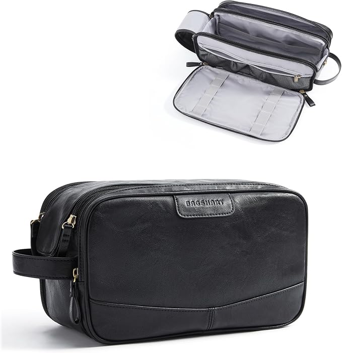 BAGSMART Medium Toiletry Bag for Men, PU Leather Water Resistant, Black | High-gloss, Travel Bag for Toiletries, Dopp Kit, Shaving Bag for Bathroom Shower by BAGSMART