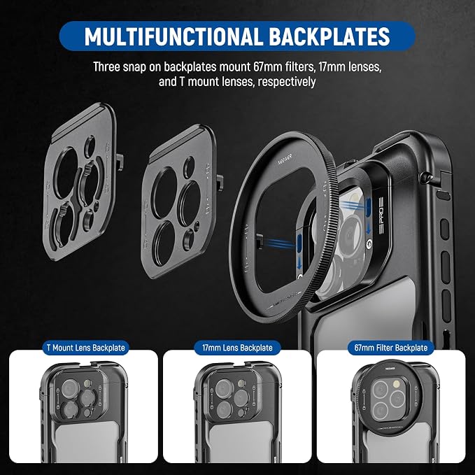 NEEWER 16 Pro Cage, Quick Release Video Rig Phone Stabilizer Compatible with iPhone 16 Pro with 67mm Filter Adapter, 17mm Lens Backplate, T Mount Lens Adapter Compatible with Moment, PA073 - Image 3