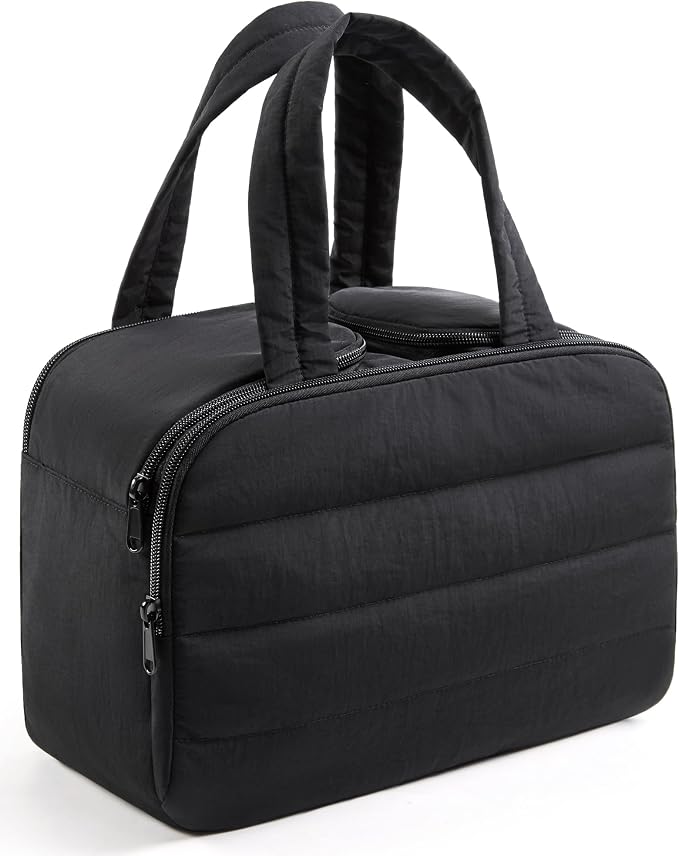 Travel Toiletry Bag, Quilted Travel Makeup Cosmetic Bag Organizer, Toiletry Bags for Traveling Women, Make up Bag with Handle, Black by LIGHTFLIGHT