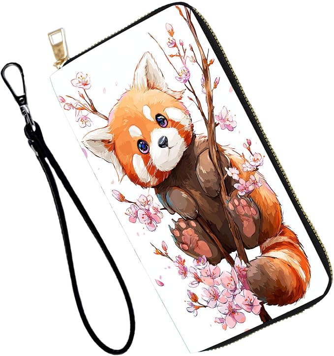 Women's RFID Blocking PU Leather Zip-Around Wallet, Large Capacity Clutch with Phone Holder, Travel Purse & Card Organizer with Removable Wristlet,Cherry Blossom Raccoon by Unknown