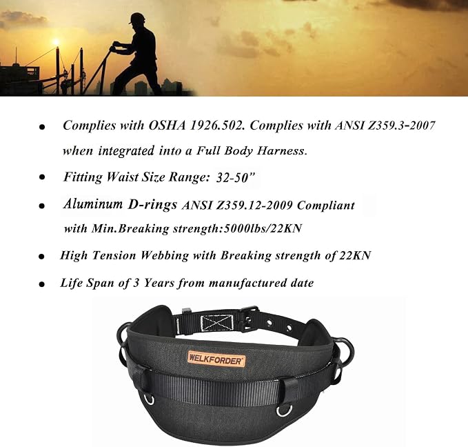 Tongue Buckle Body Belt (Aluminum Hardware) With Hot-Pressing Waist Pad and 2 Aluminum Side D-Rings Personal Protective Equipment | Waist Fitting Size 32'' to 50'' - Image 2