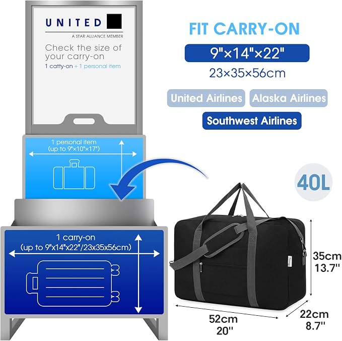 Narwey Carry on Luggage 22x14x9 Airline Approved Foldable Duffle Bag for Travel Packable Duffel Bag for Traveling Airplane for Women and Men 40L (Black (With Shoulder Strap)) - Image 2