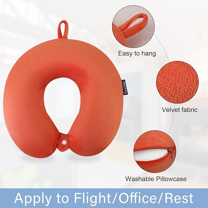 Orange Memory Foam Velvet Travel Neck Pillow for Airplane Car Train - Image 2