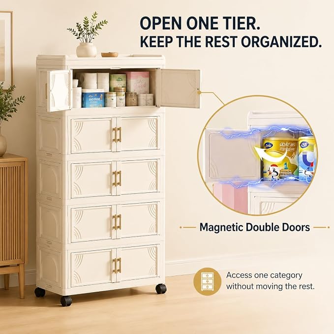 6-Tier Foldable Storage Cabinet with Doors and Locking Wheels | Tall white PP cabinet, 30 lb per tier; magnetic double doors, raised top tray, snap-fit tiers, and 360° locking wheels - Image 4