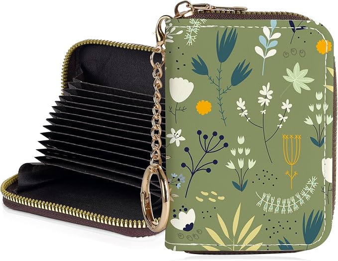 Credit Card Holder for Women,Small Rfid Wallet with Keychain Zipper,Cute PU Leather Card Case Wallet，Accordion Credit Card Wallets Gift,Green Grass White Flowers by Unknown