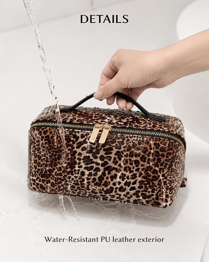 EACHY Travel Makeup Bag for Women, Flat Open Leopard Print Cosmetic Bag | Leopard-print PU leather cosmetic bag opens flat with dividers and clear TPU brush pocket for makeup and travel essentials - Image 3