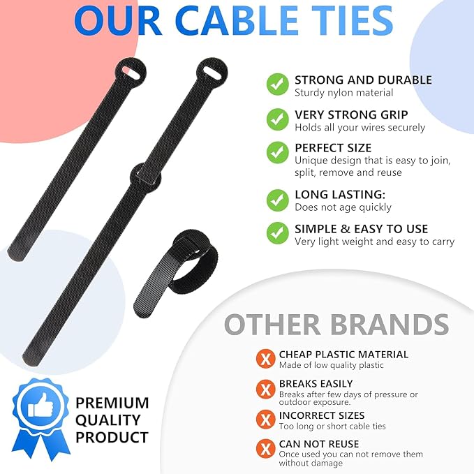 100 x Colourful Reusable Cable Ties, Cable Straps, Adjustable Cable Ties, Strong Hook and Loop Cable Straps with Buckle for TV Cables, PC Cables and Desk Organisation - Image 3