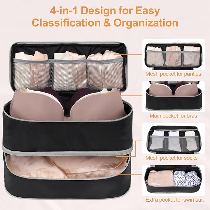 Cambond Travel Underwear Organizer Bag - Bra Organizers for Luggage | Fits A to 36D, 4-in-1 Soft Double Layer, Compression Zip Design, Expandable Compartments Keep Clothes Sorted, Luggage Tidy - Image 3