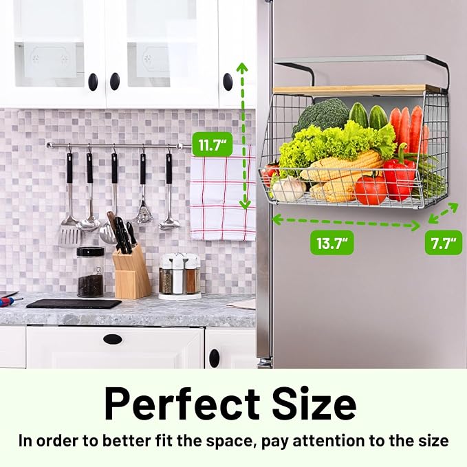 Magnetic Fridge Shelf with Wood Lid, Fruit Potato Onion Storage Bins, Pantry Organizers, Large Container Spice Rack for Refrigerator, Kitchen Counter, Cabinet (2, Silver) - Image 7