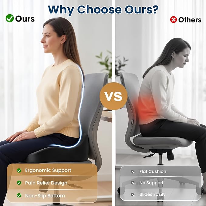 BlissTrends Memory Foam Seat Cushion for Office Chair & Car Seat, Black | 4.7in Ergonomic Tailbone & Sciatica Support with Removable Velvet Cover for Pressure Relief and Long Sitting Comfort - Image 9