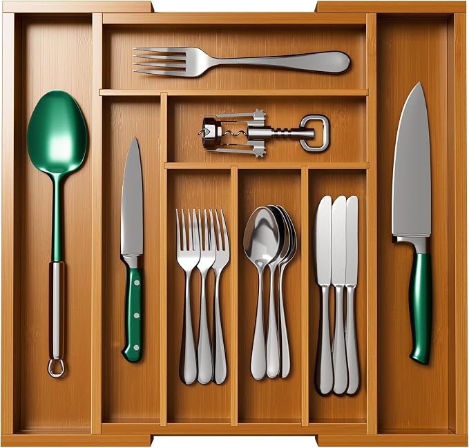 Pipishell Bamboo Expandable Drawer Organizer for Utensils Holder, Adjustable Silverware Organizer Cutlery Tray, Drawer Dividers for Utensils, Flatware, Knives in Kitchen, Bedroom, Living Room(M-Brown) - Image 7