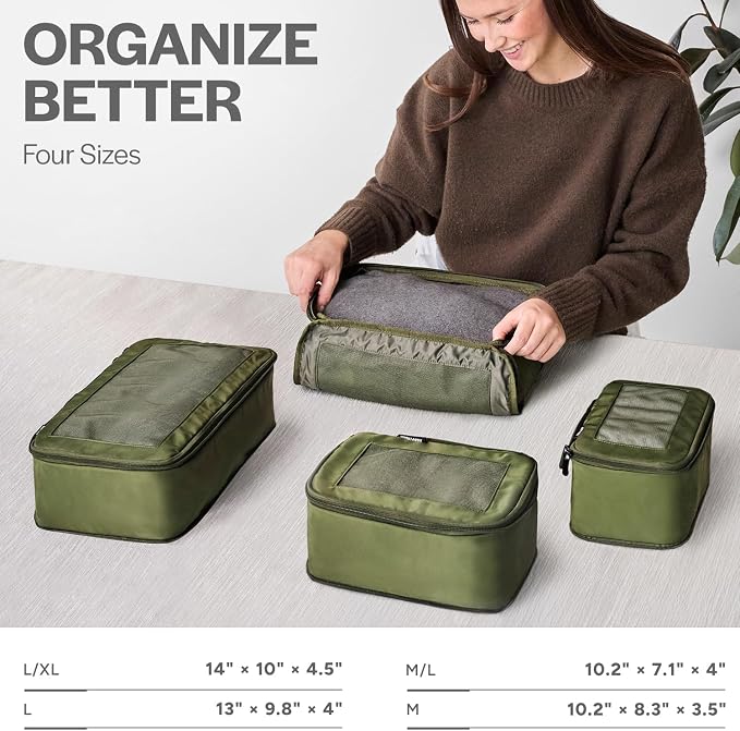 Compression Packing Cubes for Travel, 4-Pack, Olive | Solves overpacking, 4-Piece set fits most carry-ons, 50% Space savings, Compression luggage organizer bags - Image 3