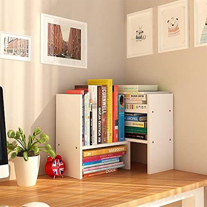 Desktop Shelf Organizer, Adjustable Wood Office Storage Rack, Counter Display Small Bookshelf for Home/Office/School(White) - Image 4