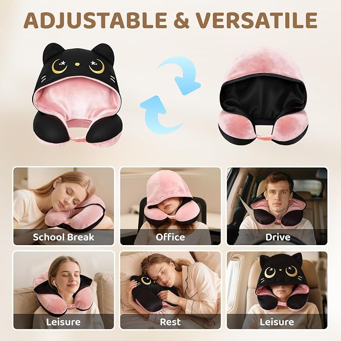 Mewaii Travel Neck Pillow, Airplane Pillow with Hood, Memory Foam, Pink | Neck Support, Reversible, Adjustable Strap, Washable Cover, Cat-Ear Hood, Storage Bag, for Flights, Adults & Teens - Image 9